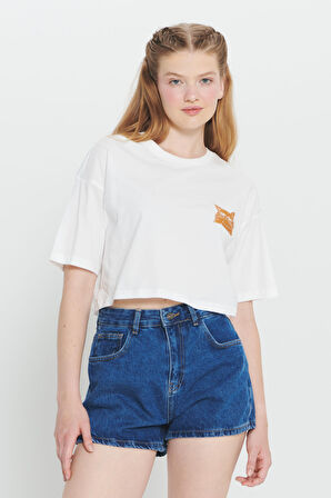 Oversize Fit Bol Kesim %100 Pamuk Bisiklet Yaka Baskılı Crop Tişört