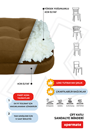 XPERMATE 2'li Çift Kat Sandalye Minderi Fermuarlı Yıkanabilir Kılıf Bağcıklı Su ve Yağ İtici 42x42x8 Kahverengi