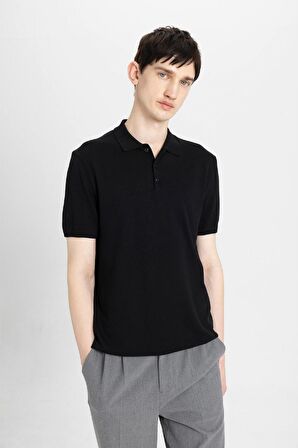 DeFacto Slim Fit Dar Kesim Kısa Kollu Basic Düz Siyah Triko Polo Tişört Y5369AZ24SMBK81