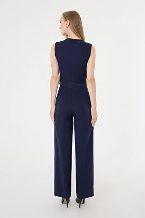 Kadın Yandan Bağlamalı Asimetrik Lacivert Yelek Takım