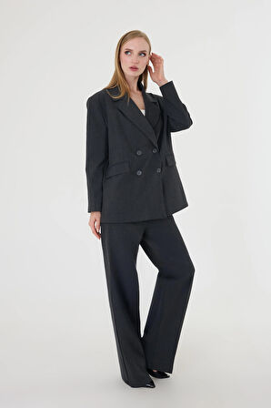 Kadın Siyah Poliviskon Blazer Ceket Pantolon Takım