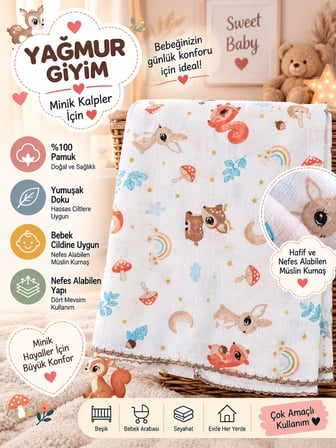 BERÇO Desenli Müslin %100 Pamuk Bebek Battaniyesi 80*90 Ölçülerinde 0-12 Ay 875/1