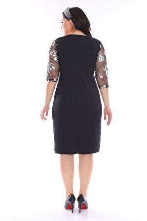 Gümüş Desenli Tüllü Büyük Beden Elbise 1C-0984