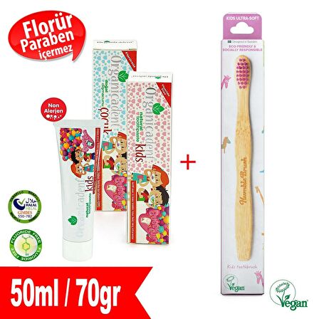 Organicadent DoğalÇocuk Diş Macunu + Humble Brush Bambu Diş Fırçası (PEMBE)