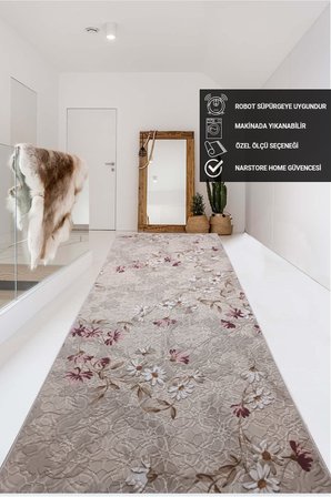 Elit Pembe Kahve Çiçekli Kabartmalı Kaymaz Taban Yıkanabilir Kesme Yolluk Halı