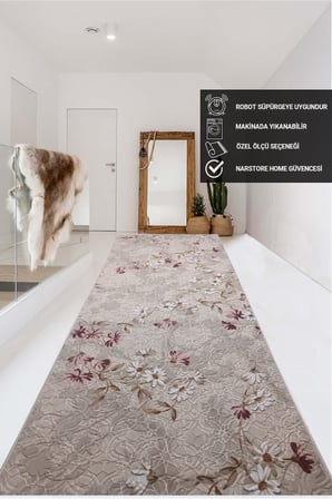 Elit Pembe Kahve Çiçekli Kabartmalı Kaymaz Taban Yıkanabilir Kesme Yolluk Halı
