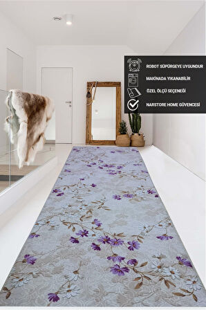 Elit Lila Kahve Çiçekli Kabartmalı Kaymaz Taban Yıkanabilir Kesme Yolluk Halı
