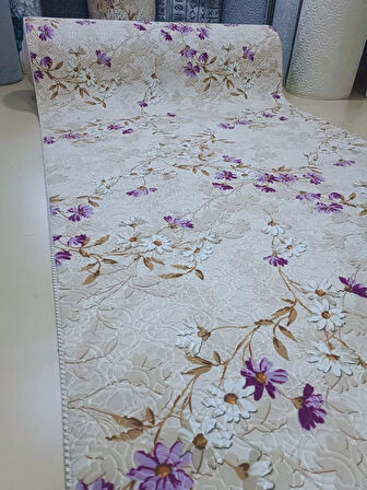 Elit Lila Kahve Çiçekli Kabartmalı Kaymaz Taban Yıkanabilir Kesme Yolluk Halı