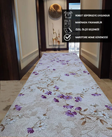 Elit Lila Kahve Çiçekli Kabartmalı Kaymaz Taban Yıkanabilir Kesme Yolluk Halı