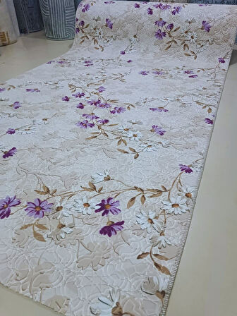 Elit Lila Kahve Çiçekli Kabartmalı Kaymaz Taban Yıkanabilir Kesme Yolluk Halı