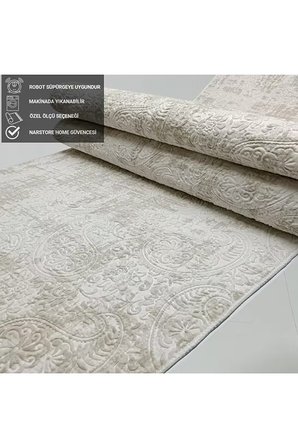 Dinarsu Nevra Asos Krem Kaymaz Taban Kesme Halı Yolluk