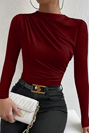 Dodes Kadın Bordo Belden Ve Boyundan Büzgü Detaylı Uzun Kollu Bluz