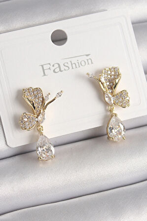 Dodes Dodes Pirinç Gold Renk Zirkon Taşlı Turna Kuşu Model Sallantı Detay Kadın Küpe TG27BKP9919