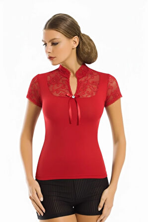 Dodes Berrak Dantelli Yarım Kollu Kadın Bluz Elestan