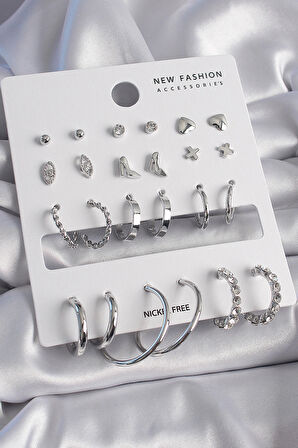 Dodes Dodes Pirinç Gümüş Renk 12 Çift Kadın Küpe Seti TG27BKP9683