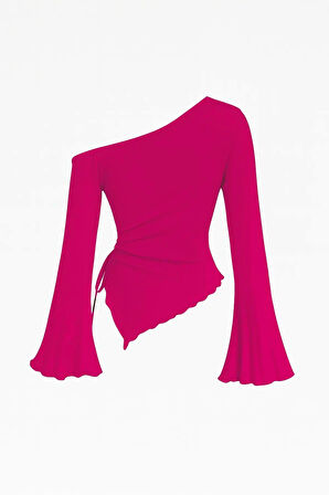 Dodes Kadın Fuşya Uzun İspanyol Kollu Asimetirik Yaka Yandan Bağlamalı Drapeli Bluz