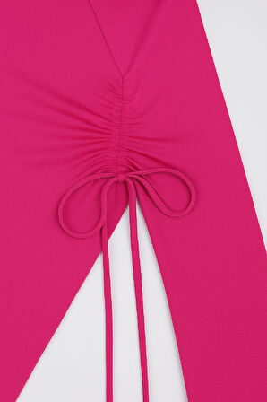 Dodes Kadın Fuşya Uzun İspanyol Kollu Asimetirik Yaka Yandan Bağlamalı Drapeli Bluz