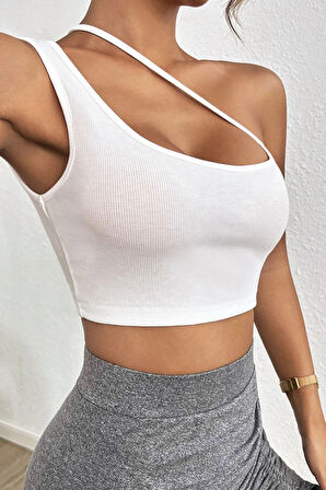 Dodes Kadın Beyaz Tek Omuzlu Çapraz Askılı Crop Top Büstiyer