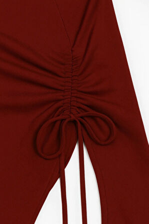 Dodes Kadın Bordo Uzun İspanyol Kollu Asimetirik Yaka Yandan Bağlamalı Drapeli Bluz