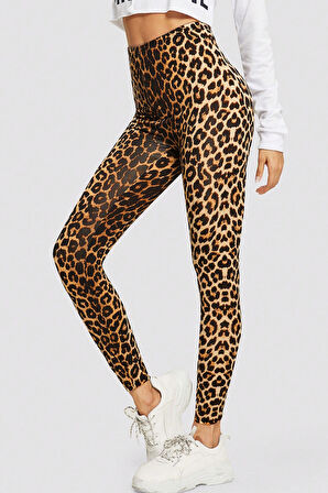 Dodes Kadın Leopar Desenli Yüksek Bel Dar Kesim Esnek Tayt