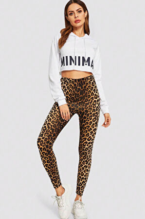 Dodes Kadın Leopar Desenli Yüksek Bel Dar Kesim Esnek Tayt