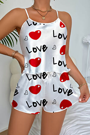 Dodes Love Desenli Beyaz Saten Şortlu Gecelik Takım