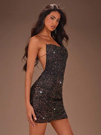 Dodes Sırt Zincir Dekolteli Seksi Mini Kadın Elbise