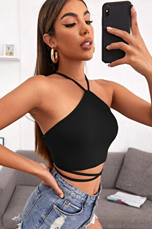 Dodes Kadın Siyah Sırtı Açık Boyundan Çapraz Bağlamalı Crop Top Bluz