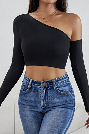 Dodes Kadın Siyah Tek Omuz Detaylı Uzun Kol Crop Top Bluz