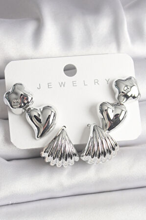 Dodes Dodes Gümüş Renk Yonca Kalp Deniz Kabuğu Figür CCB Kadın Küpe Seti TG27BKP10021