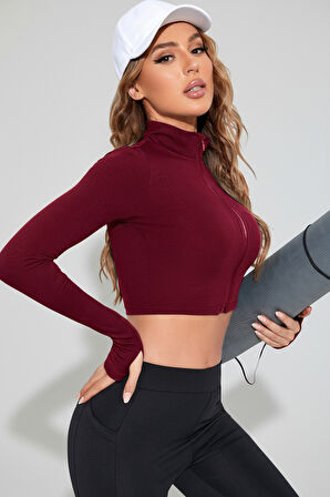 Dodes Kadın Bordo Uzun Kol Fermuarlı Parmak Geçme Detaylı Dik Yaka Crop Top Bluz