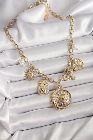 Dodes Dodes 316L Çelik Gold Renk Halka Zincir Sallantı Ay Güneş Figür Kuş Detay Kadın Kolye TG27BKO9850