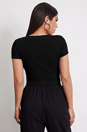 Dodes Kadın Siyah Yuvarlak Yaka Yarım Kol Crop Top Bluz