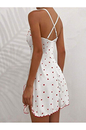 Dodes Kadın Beyaz Kırmızı Kalp Desenli Askılı  Elbise 5066