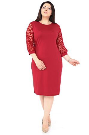 Bordo Flok Kol Büyük Beden Elbise 1E-1039