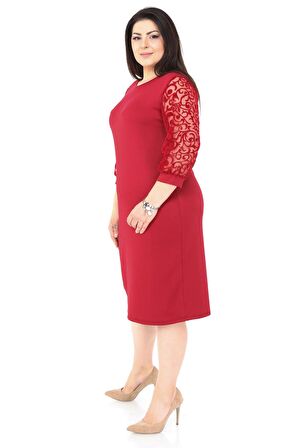 Bordo Flok Kol Büyük Beden Elbise 1E-1039