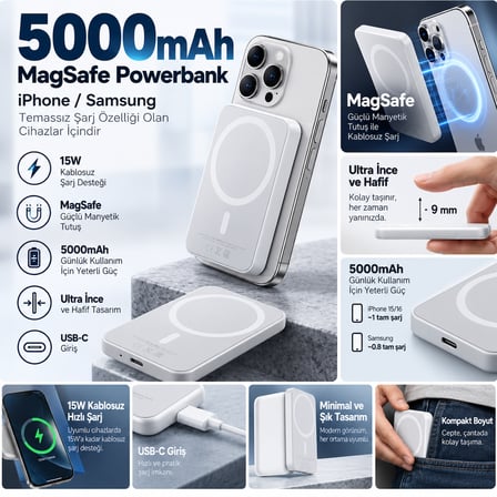 5000mAh MagSafe Manyetik Kablosuz Powerbank 15W Hızlı Şarj Ultra İnce USB-C – iPhone & Samsung Uyumlu