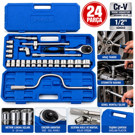 24 PARÇA 1/2 INC DR.SOCKET SET LOKMA - SOKET - ADAPTÖR - CIRCIR KOLU CHROME VANADIUM METAL ÇANTALI (5671) gotlthmngoxx