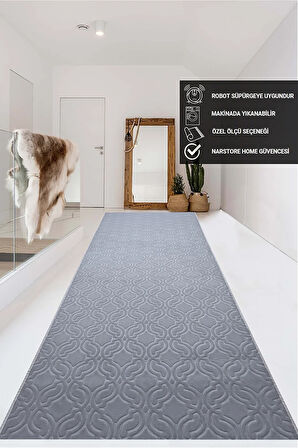 Elit Embos Gri Kabartmalı Kaymaz Taban Yıkanabilir Kesme Yolluk Halı
