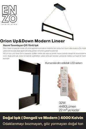 Orion Füme 3000K Lineer LED Sarkıt Avize – Kumandalı Dim Edilebilir – Yukarı & Aşağı Işık