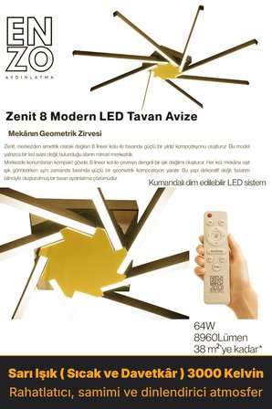 Zenit 8 Gold 6500K LED Tavan Avize – Kumandalı Dim Edilebilir – Aşağı Işık
