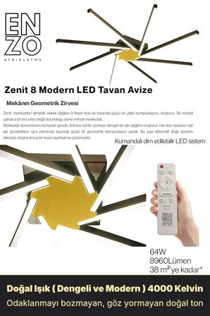 Zenit 8 Gold 6500K LED Tavan Avize – Kumandalı Dim Edilebilir – Aşağı Işık