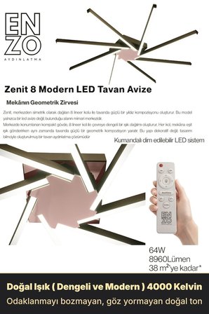 Zenit 8 Rose Gold 4000K LED Tavan Avize – Kumandalı Dim Edilebilir – Aşağı Işık