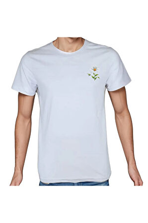 Flower T-shirt %100 Pamuklu Beyaz Penye Basic Erkek Tişört