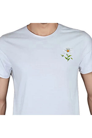 Flower T-shirt %100 Pamuklu Beyaz Penye Basic Erkek Tişört