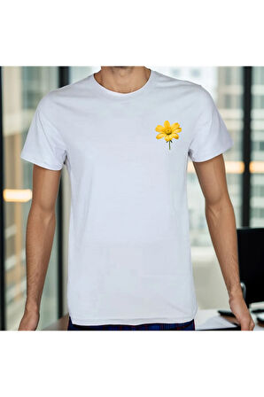 Flower T-shirt %100 Pamuklu Beyaz Penye Basic Erkek Tişört