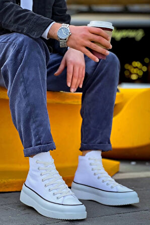 Tb-cx-3 Terzi Bey Uzun Beyaz Keten Beyaz Yüksek Taban Spor Ayakkabı