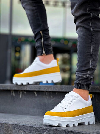 Tb-056 Terzi Bey Beyaz Sarı Detaylı Beyaz Yüksek Taban Günlük Spor Ayakkabı