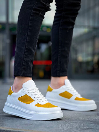 Tb-x8 Terzi Bey Beyaz Cilt Sarı Süet Detaylı Beyaz Yüksek Taban Günlük Spor Ayakkabı