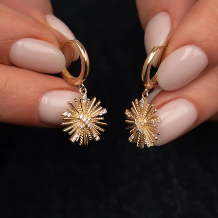 Taş Detaylı Tasarım 14 Ayar Sallantılı Küpe 3 cm
